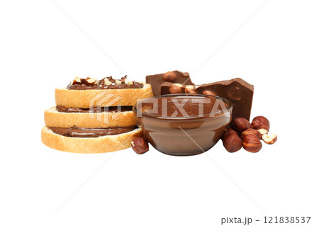 PNG,Chocolate paste in a bowl with bread, isolated on white background 121838537