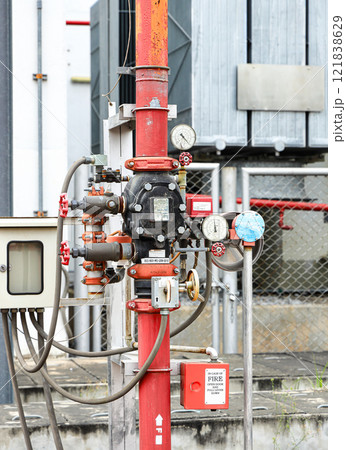 Close up water control valve, valve on water pump in an industrial for supply of high-pressure water. Water sprinkler pipes and pressure control system. Close up water control valve, valve on water pump in an industrial for supply of high-pressure water. Water sprinkler pipes and pressure control system. 121838629