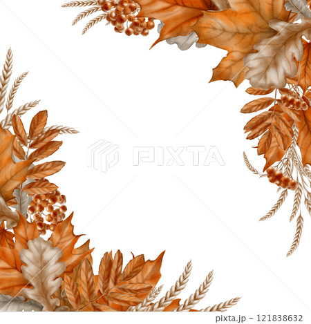 Corner frame from autumn maple leaves,mountain ash with oak leaves and a bunch of rowan berries as a symbol of the harvest festival,thanksgiving day.Watercolor clipart on transparent background 121838632