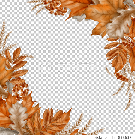 Corner frame from autumn maple leaves,mountain ash with oak leaves and a bunch of rowan berries as a symbol of the harvest festival,thanksgiving day.Watercolor clipart on transparent background 121838632