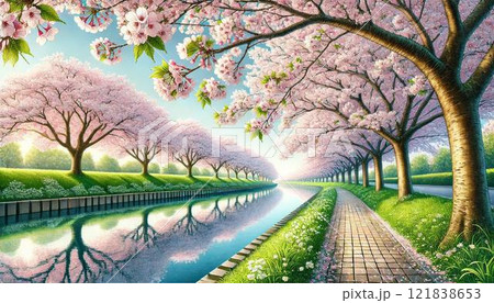 春・川沿いの桜並木 121838653