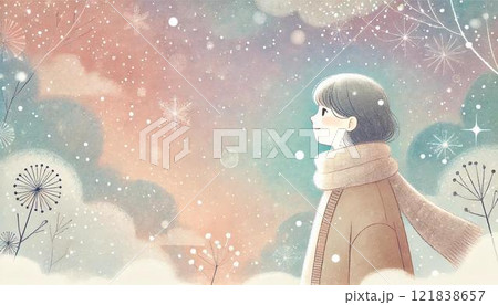 雪の降る空を見上げる女性 121838657