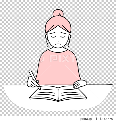 A woman with a troubled expression writing in a notebook 121838770