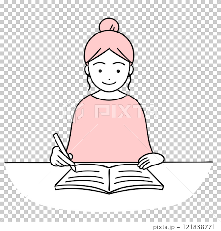 一個女人平靜地微笑著寫一張紙條 121838771