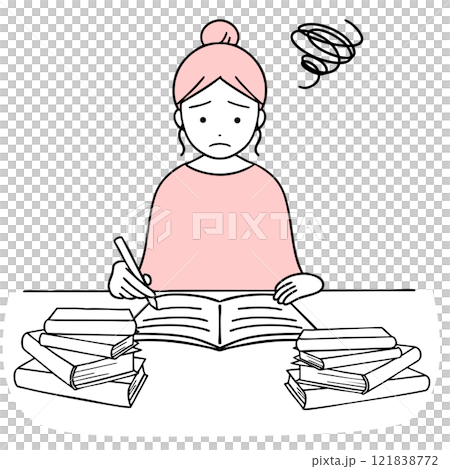 A woman writing notes surrounded by piles of reference books with a troubled expression A woman writing notes surrounded by piles of reference books with a troubled expression 121838772