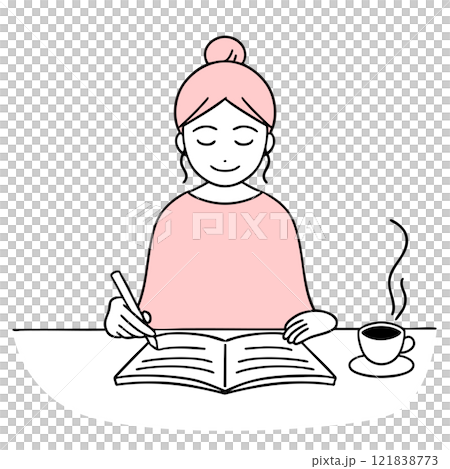 コーヒーを飲みながら穏やかノートを書く女性 121838773