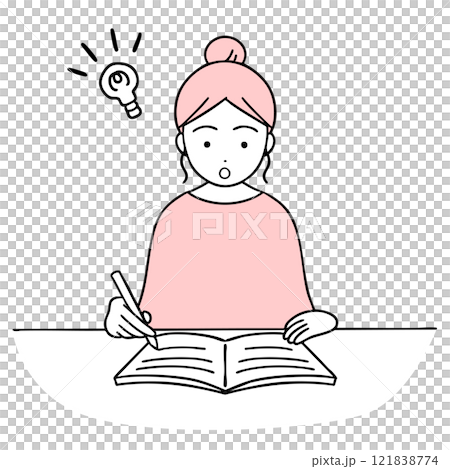 ノートを書いていてひらめく女性 ノートを書いていてひらめく女性 121838774