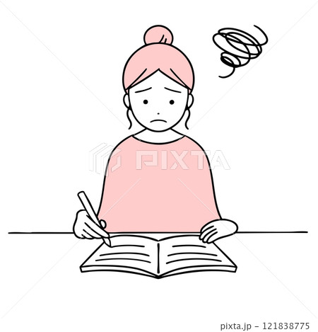 モヤモヤし困った表情でノートを書く女性 121838775