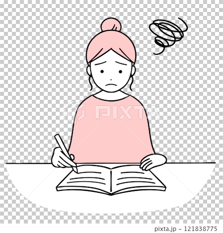 モヤモヤし困った表情でノートを書く女性 121838775