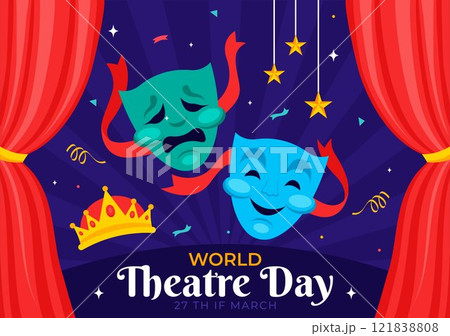 World Theatre Day Vector Illustration featuring Comedy and Tragedy Masks, Red Curtains, and Elements Celebrating Performing Arts and Entertainment World Theatre Day Vector Illustration featuring Comedy and Tragedy Masks, Red Curtains, and Elements Celebrating Performing Arts and Entertainment 121838808