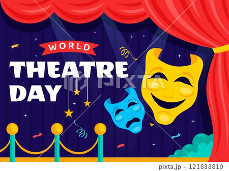 World Theatre Day Vector Illustration featuring Comedy and Tragedy Masks, Red Curtains, and Elements Celebrating Performing Arts and Entertainment World Theatre Day Vector Illustration featuring Comedy and Tragedy Masks, Red Curtains, and Elements Celebrating Performing Arts and Entertainment 121838810