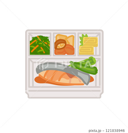 シンプルでかわいいお弁当アイコン：魚料理の弁当 121838946
