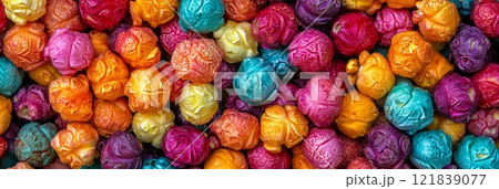 Rainbow popcorn, showcasing different flavors and textures. Ready for movie night or a snack 121839077