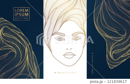 Vector woman art deco line logo, face beauty female illustration, goddess label, classic nouveau graphic 121839617