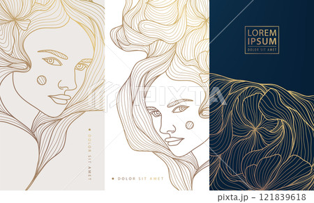 Vector woman art deco line logo, face beauty female illustration, goddess label, classic nouveau graphic 121839618