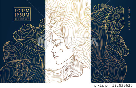 Vector woman art deco line logo, face beauty female illustration, goddess label, classic nouveau graphic 121839620