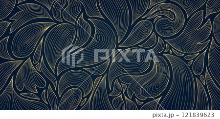 Vector leaf pattern gold line, art deco nature ornament, luxury foliage botanical background. Abstract texture plant design. 121839623