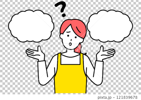 A woman in an apron wondering between two options A woman in an apron wondering between two options 121839678