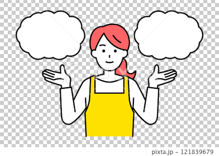 A woman in an apron offering two options 121839679