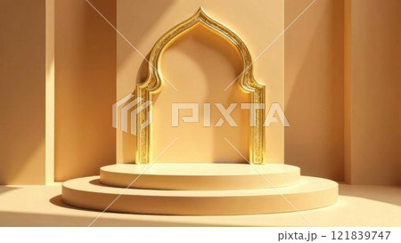 beige podium of Ramadan Kareem. A traditional Islamic frame. Minimal pedestal for beauty, cosmetic product 121839747