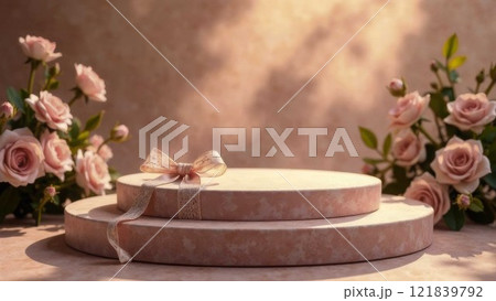 podium display, mocha background with flowers and gift box. Minimal pedestal for beauty, cosmetic product. Valentine, Women's day, Mother's day 121839792