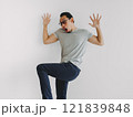 Half body photo of shock and surprise man isolate on white background. 121839848