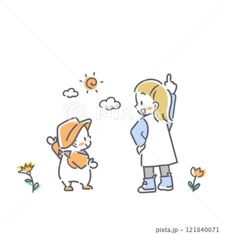 明るい未来を指差す赤ちゃんと女の子　シンプルでカワイイ線画イラスト 121840071