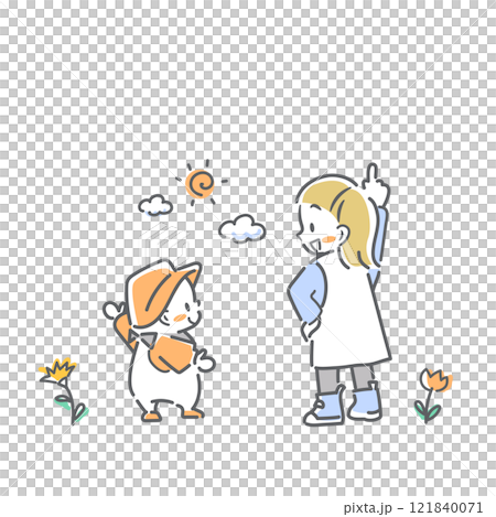 明るい未来を指差す赤ちゃんと女の子　シンプルでカワイイ線画イラスト 121840071