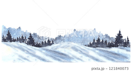 Watercolor Winter Landscape scene. Snowy Hills, Pine, fir trees and frosty evergreen forest silhouette. Hand drawn watercolor illustration. Isolated from background clipart for seasonal holiday card 121840073