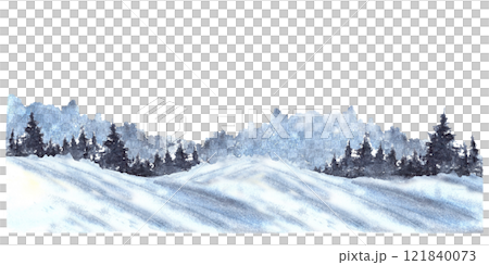 Watercolor Winter Landscape scene. Snowy Hills, Pine, fir trees and frosty evergreen forest silhouette. Hand drawn watercolor illustration. Isolated from background clipart for seasonal holiday card 121840073