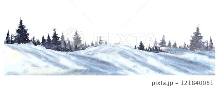 Watercolor Winter Landscape panorama. Snowy Hills, Pine, fir trees and frosty evergreen forest silhouette. Hand drawn watercolor illustration isolated from background clipart for greeting card print. Watercolor Winter Landscape panorama. Snowy Hills, Pine, fir trees and frosty evergreen forest silhouette. Hand drawn watercolor illustration isolated from background clipart for greeting card print. 121840081