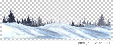 Watercolor Winter Landscape panorama. Snowy Hills, Pine, fir trees and frosty evergreen forest silhouette. Hand drawn watercolor illustration isolated from background clipart for greeting card print. Watercolor Winter Landscape panorama. Snowy Hills, Pine, fir trees and frosty evergreen forest silhouette. Hand drawn watercolor illustration isolated from background clipart for greeting card print. 121840081