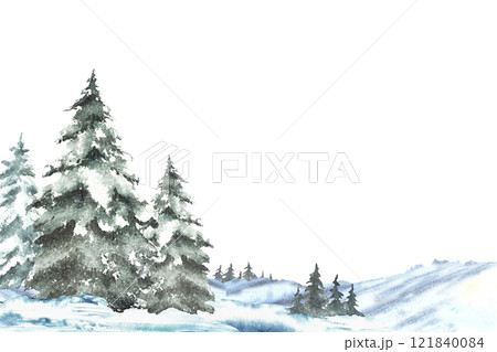 Winter Landscape with snow covered green spruces firs. Snowy Hills, snowdrifts and frosty evergreen forest. Hand drawn watercolor illustration isolated from the background. Clipart for holiday card.  121840084