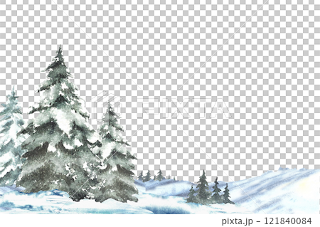 Winter Landscape with snow covered green spruces firs. Snowy Hills, snowdrifts and frosty evergreen forest. Hand drawn watercolor illustration isolated from the background. Clipart for holiday card. Winter Landscape with snow covered green spruces firs. Snowy Hills, snowdrifts and frosty evergreen forest. Hand drawn watercolor illustration isolated from the background. Clipart for holiday card. 121840084