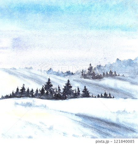 Winter Landscape with Snowy Hills, Mountains, Pine, fir trees and frosty blue sky. Hand drawn watercolor illustration. Isolated from the background clipart for seasonal designs holiday card, poster. Winter Landscape with Snowy Hills, Mountains, Pine, fir trees and frosty blue sky. Hand drawn watercolor illustration. Isolated from the background clipart for seasonal designs holiday card, poster. 121840085