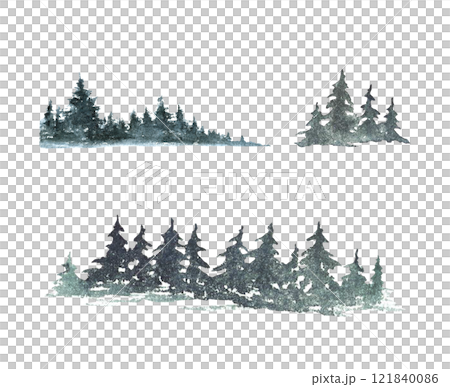 Spruce trees forest Silhouettes set. Snow Christmas fir trees, evergreen woods. Hand painted watercolor illustration isolated from background. Clipart in minimalistic style for landscape holiday card. 121840086