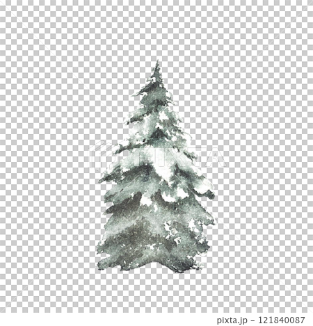 Spruce tree snow covered. Snowy winter Christmas fir. Hand painted watercolor illustration isolated object from background. Clipart for seasonal holiday design of Xmas card, poster, label, pattern. 121840087