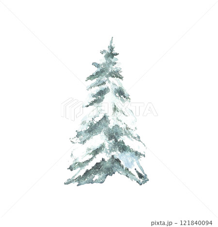 Snowy winter Christmas fir. Spruce tree snow covered. Hand painted watercolor illustration isolated element from background. Clipart for seasonal holiday design of Xmas card, poster, label, pattern. 121840094