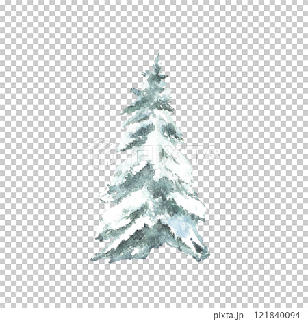 Snowy winter Christmas fir. Spruce tree snow covered. Hand painted watercolor illustration isolated element from background. Clipart for seasonal holiday design of Xmas card, poster, label, pattern. 121840094