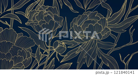Vector flower peony pattern, line gold on blue luxury vintage background. Japanese floral elegant illustration. 121840141