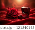 Red rose and engagement ring in velvet box on sparkling fabric, perfect for ads and banners 121840142