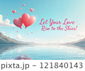 Heart-shaped balloons floating on water with clouds and text 121840143