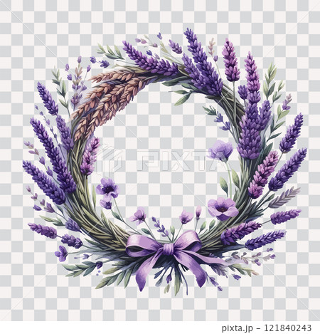 Watercolor Lavender Wreath. Hand drawn vector floral circle Frame on transparent background. 121840243