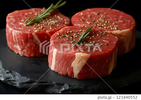 Fresh Raw Beef Steaks with Rosemary and Pepper on Slate Surface - Perfect for Culinary Projects Generative AI 121840552