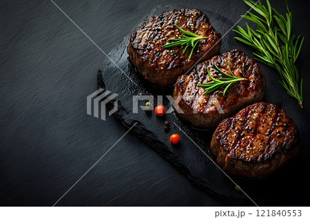 Gourmet Grilled Steak Medallions with Fresh Rosemary Garnish on Slate Generative AI 121840553