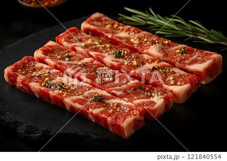 Seasoned Raw Beef Steak Slices for Barbecue or Grill Cooking Generative AI 121840554