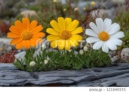 Vibrant Trio of Daisies in Natural Setting for Floral Decor and Nature Themes Generative AI 121840555