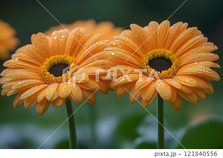 Dew-Kissed Orange Gerbera Daisies in a Green Garden for Floral Print Design Generative AI 121840556