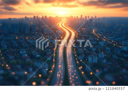 Majestic Urban Sunset Over Cityscape with Illuminated Highway Generative AI 121840557