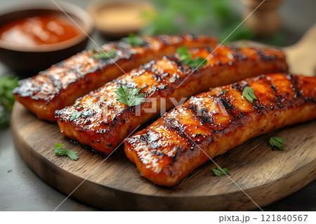 Grilled Glazed Salmon Fillets on a Wooden Platter for Culinary and Cooking Design Generative AI 121840567